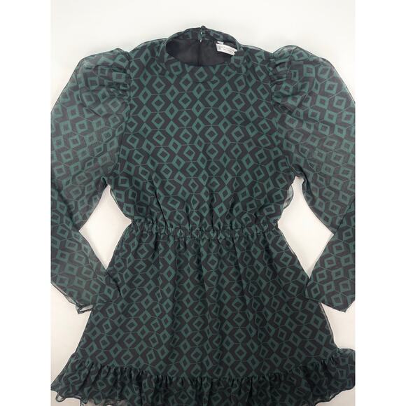 ZARA Long Sleeve Geo Print Mini Dress Green/Black Puff Shoulder Ruffle Hem Sz M - Picture 4 of 9